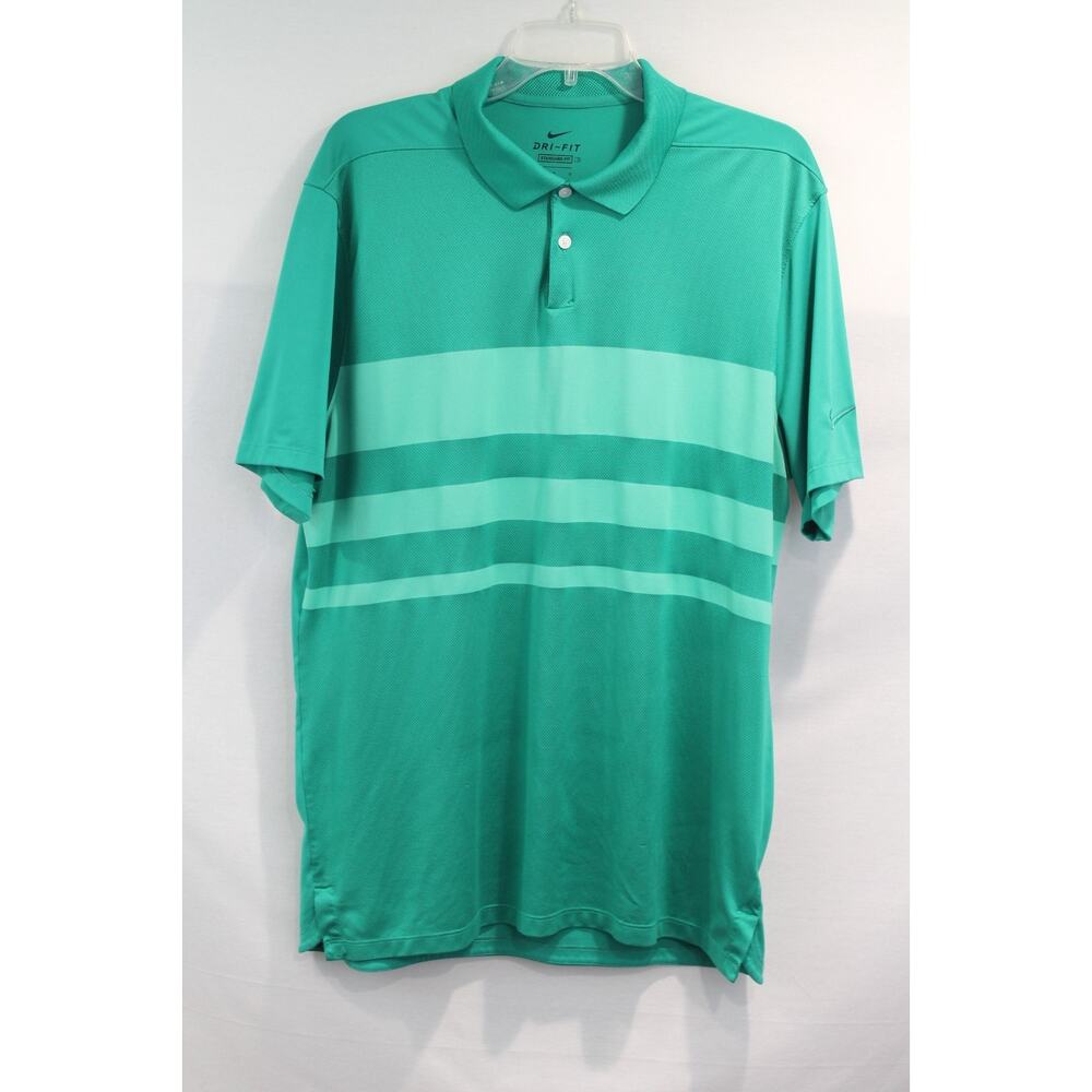 Nike Golf Tennis Dri Fit Polo Shirt Mens size L Green Stripe Swoosh Logo